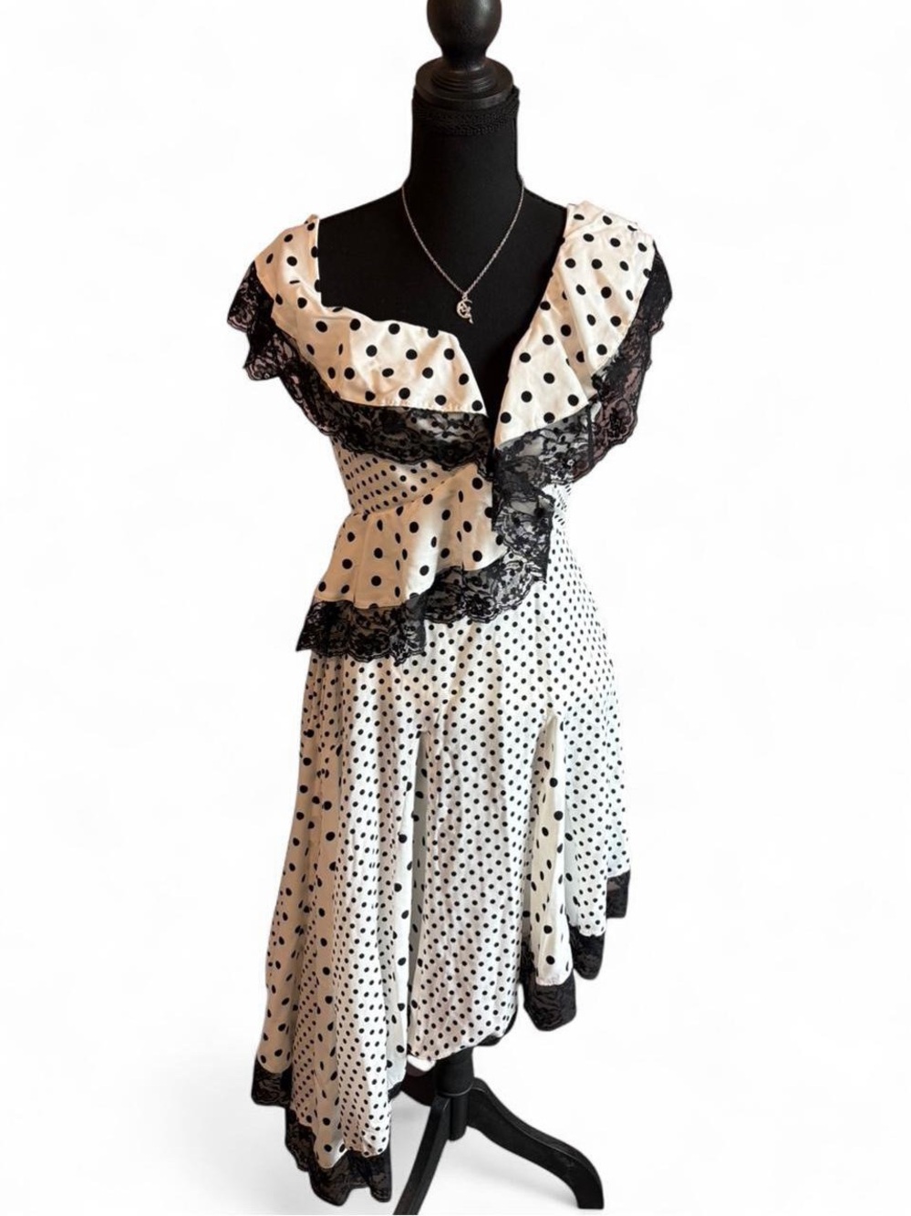NWT REHAB Asymmetrical Polka Dot Maxi Dress with Lace Detail, Size S